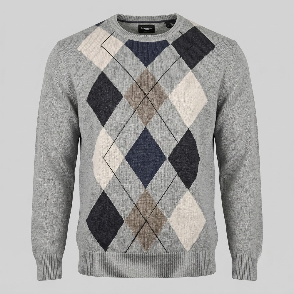 Haggar Mens Large Grey Sweater Argyle Crewneck Cotton Pullover Diamond